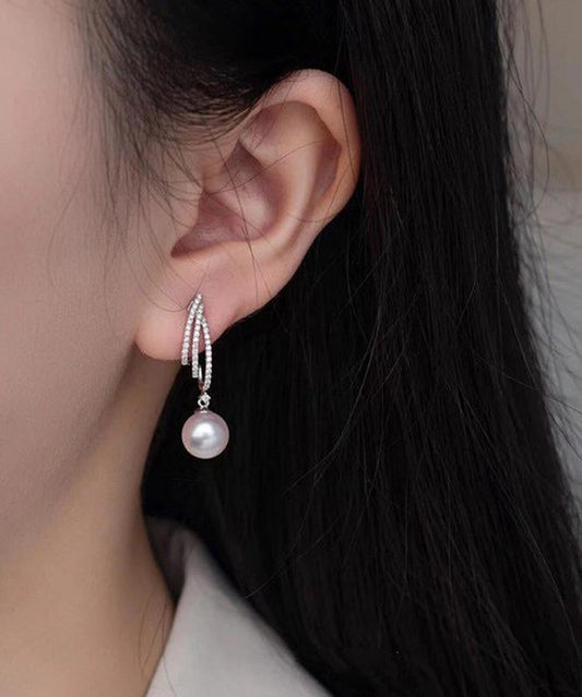 Boucles d'oreilles pendantes modernes en argent sterling et perles de zircon blanc - Amawinc