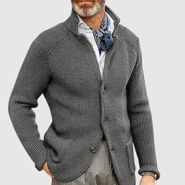 Cardigan Boutonné Moderne en Maille Mélange Coton à Trame Gaufreuse avec Col Revers Doux et Coupe Tailorée