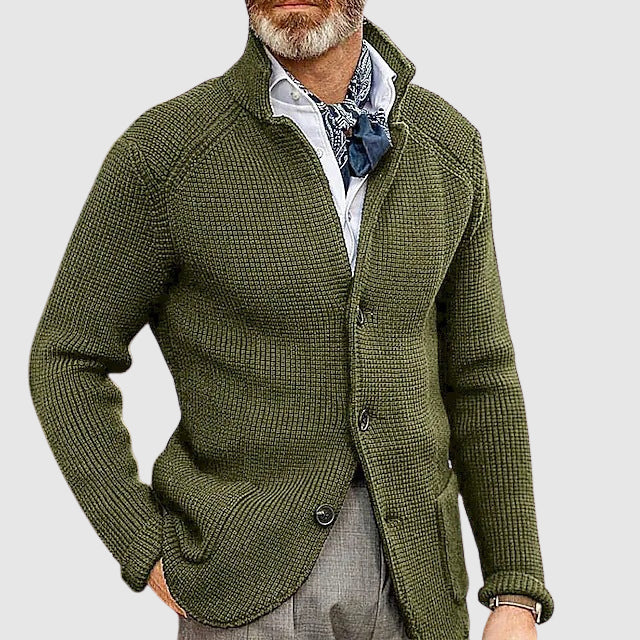 Cardigan Boutonné Moderne en Maille Mélange Coton à Trame Gaufreuse avec Col Revers Doux et Coupe Tailorée