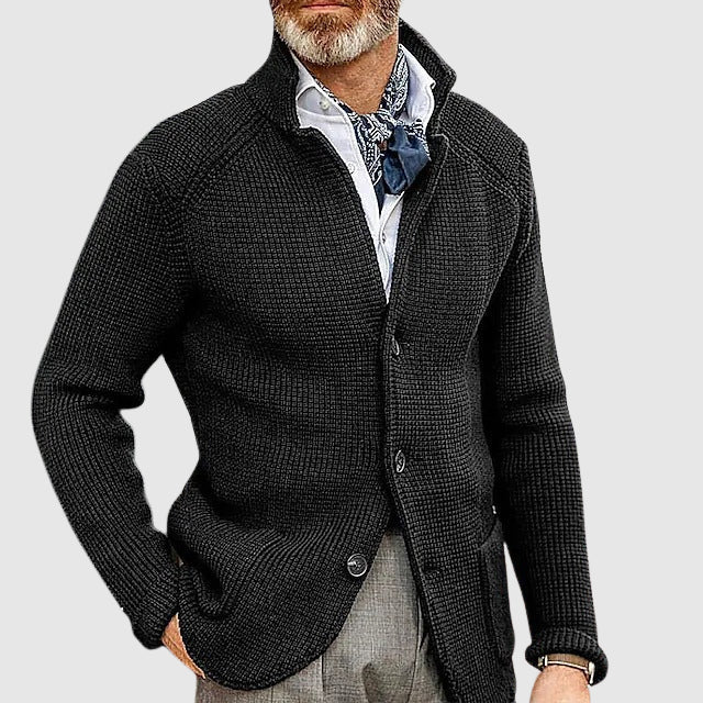 Cardigan Boutonné Moderne en Maille Mélange Coton à Trame Gaufreuse avec Col Revers Doux et Coupe Tailorée