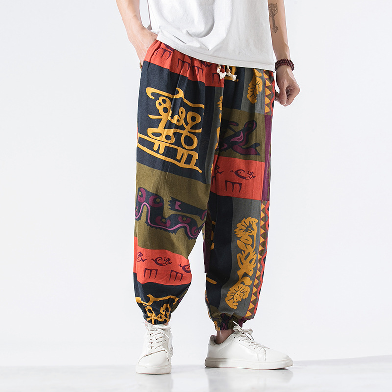 Murakami Freeflow Joggers Imprimé Abstrait À Encre Fluide Tissu Coton Lin Respirant Ceinture Élastique