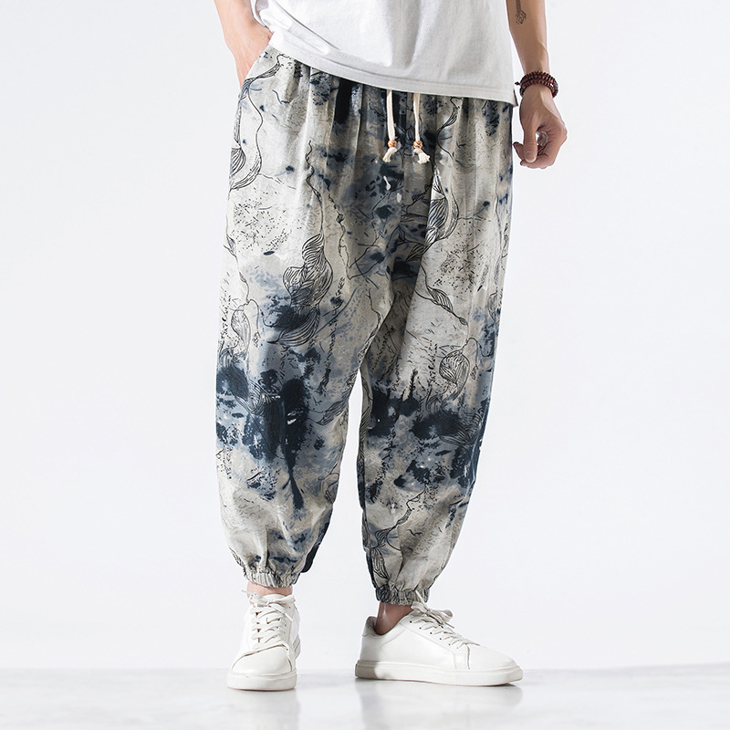 Murakami Freeflow Joggers Imprimé Abstrait À Encre Fluide Tissu Coton Lin Respirant Ceinture Élastique