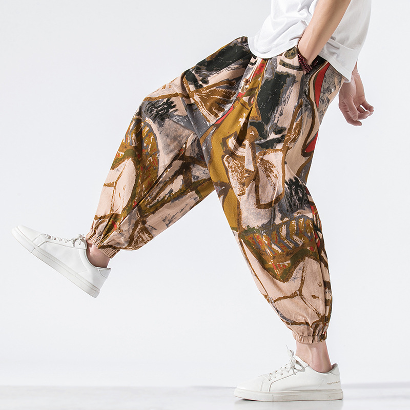 Murakami Freeflow Joggers Imprimé Abstrait À Encre Fluide Tissu Coton Lin Respirant Ceinture Élastique