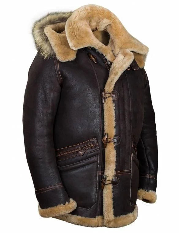Veste Homme Capuche Simili Cuir Avec Doublure Peluche Bordure Fourrure Fermeture Toggle Pour Hiver