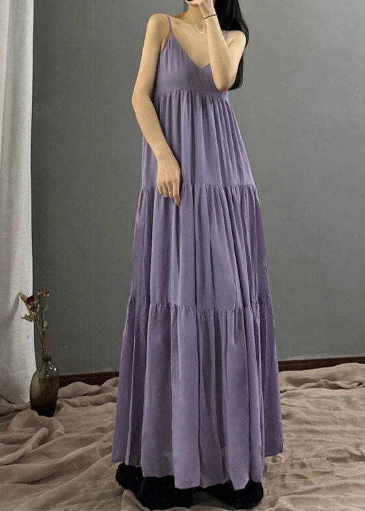 Robe longue à bretelles spaghetti en mousseline de soie violette naturelle, col en V, patchwork, été - Amawinc