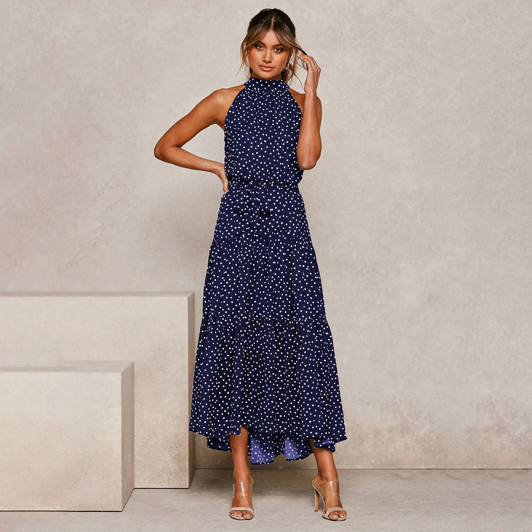 Robe Halterneck Sans Manches Coupe A Ligne Longue Avec Ceinture Légère Et Aérienne