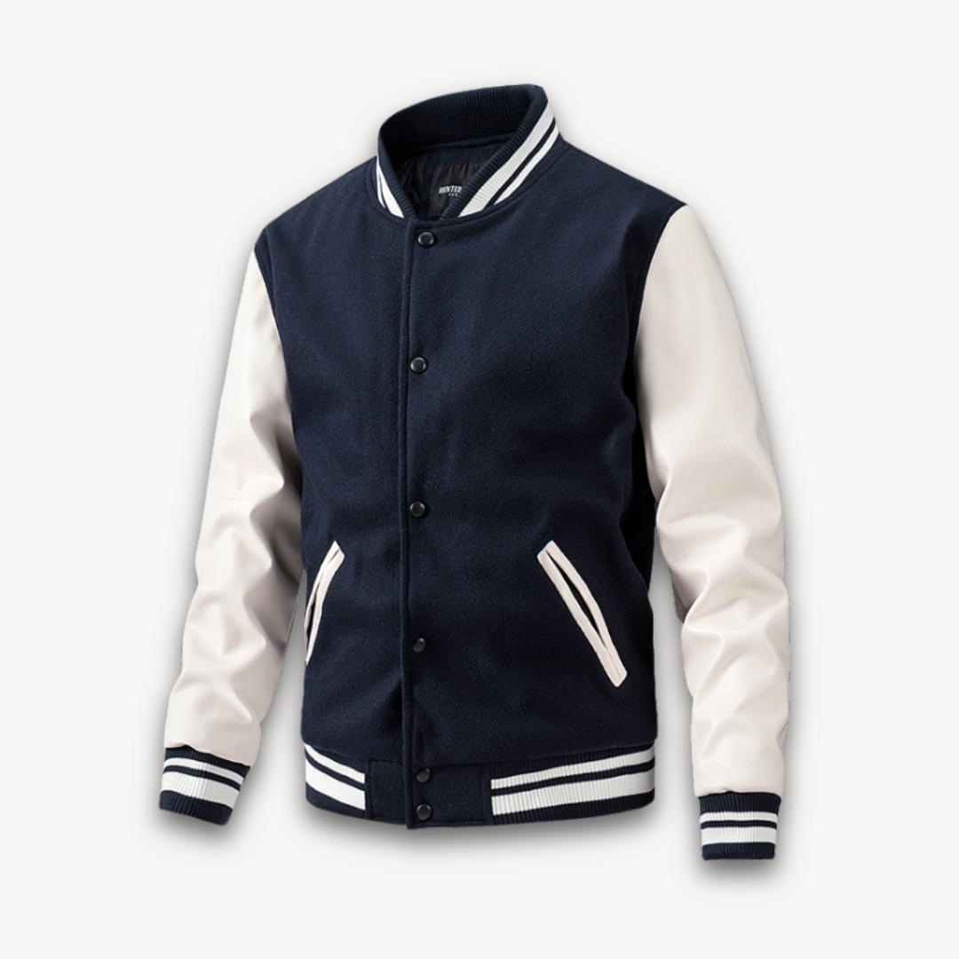 Veste Varsity Homme À Coupe Classique Avec Corps À Aspect Laine Et Manches En Cuir Fermeture Boutons-Pression