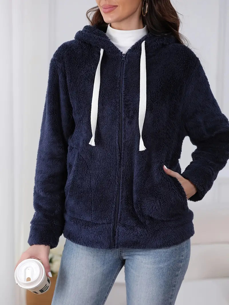 Damen Kapuzenjacke aus Plüsch mit Reißverschluss von Fudus