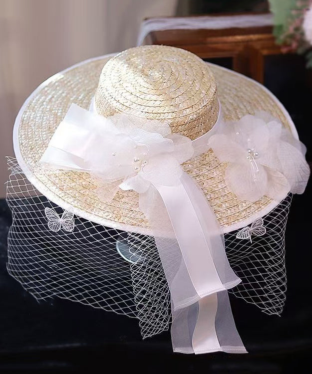 Nouveau chapeau de paille de style campagnard à fleurs en dentelle française - Amawinc