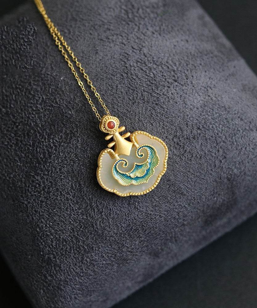Collier pendentif en or ancien avec émail et jade - Amawinc