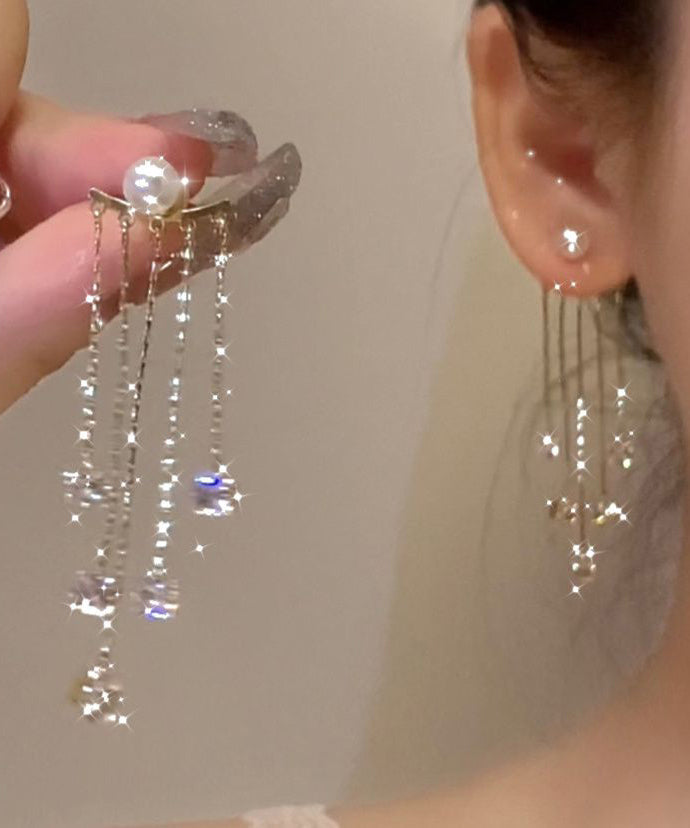 Boucles d'oreilles pendantes en alliage de cuivre doré et perles de zircon - Amawinc