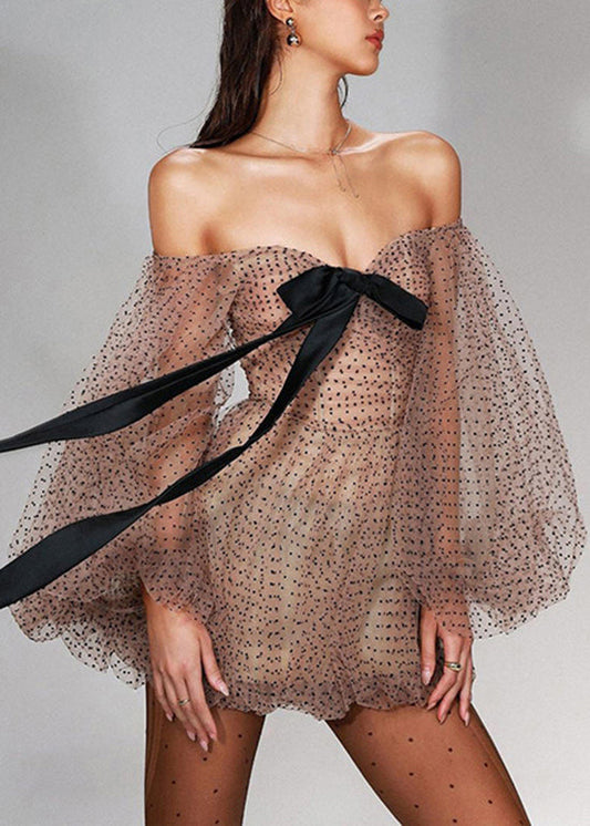 Nouvelles mini-robes en tulle à pois kaki et épaules dénudées, manches lanternes - Amawinc