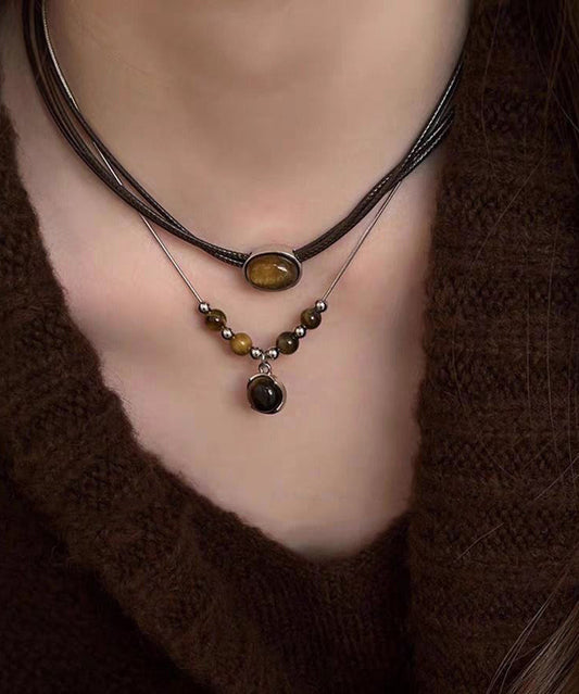 Ensemble de deux colliers pendentifs œil de tigre en patchwork de cuir neuf - Amawinc
