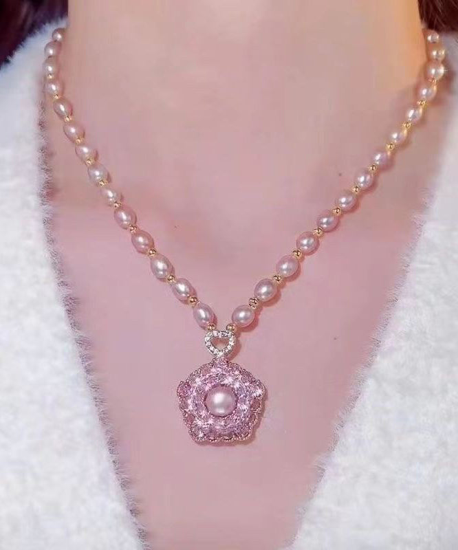 Nouveau collier avec pendentif en perles de zircon violet clair et cuivre surdoré - Amawinc