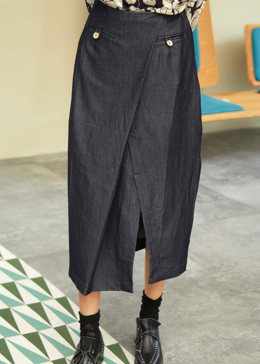 Nouvelles jupes en jean bleu marine asymétriques ouvertes sur le devant pour l'automne - Amawinc