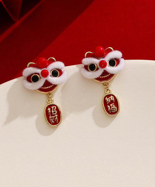 Boucles d'oreilles pendantes en cuivre rouge 14 carats en or 14 carats avec motif de danse du lion - Amawinc