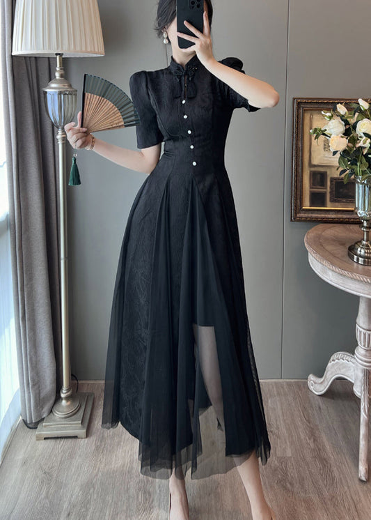 Nouvelle robe d'été rétro noire en tulle à manches bouffantes et patchwork - Amawinc