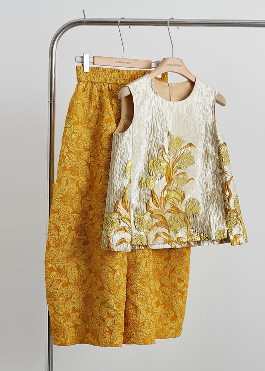 Ensemble deux pièces sans manches en soie jacquard dorée rétro - Amawinc