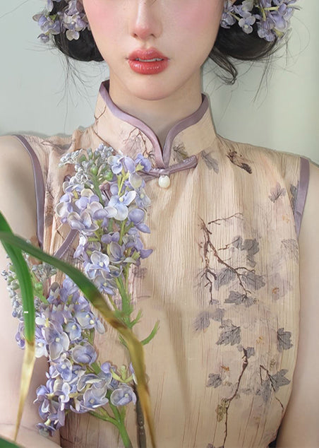 Nouvelles robes cheongsam rétro en coton imprimé kaki sans manches - Amawinc
