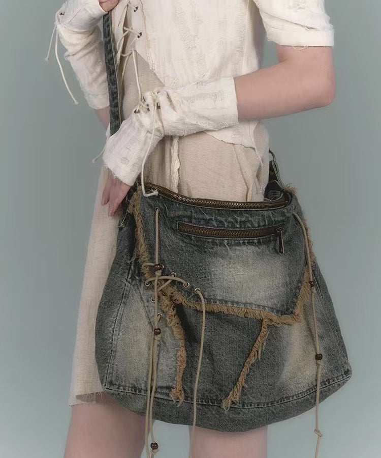 Nouveau sac messager rétro en denim bleu marine avec bordure à franges, grande capacité - Amawinc