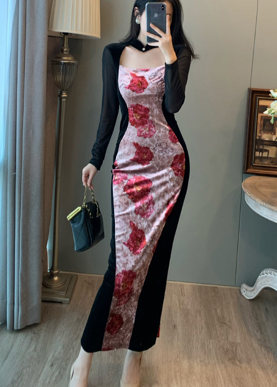 Nouvelles robes de vacances rétro en velours de soie à imprimé patchwork rose pour l'automne - Amawinc