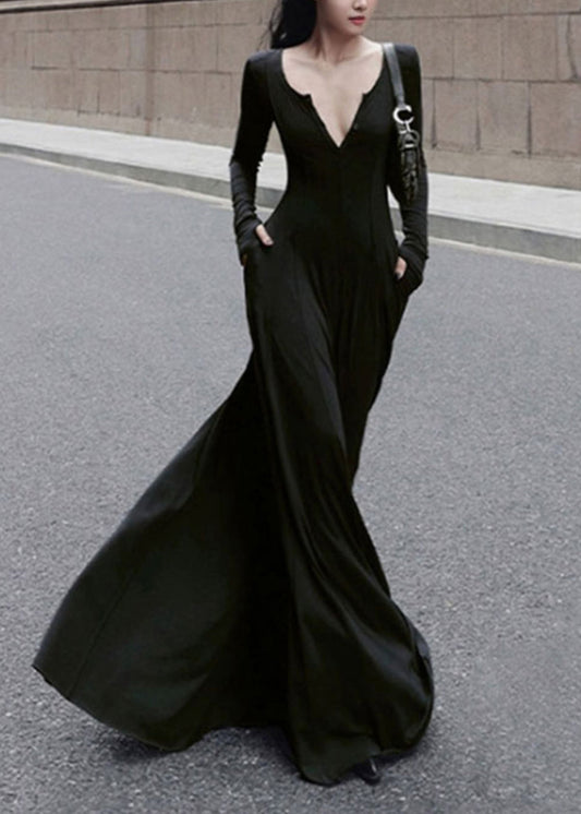 Nouvelle robe longue simple noire en coton à col en V et coupe ajustée, printemps - Amawinc