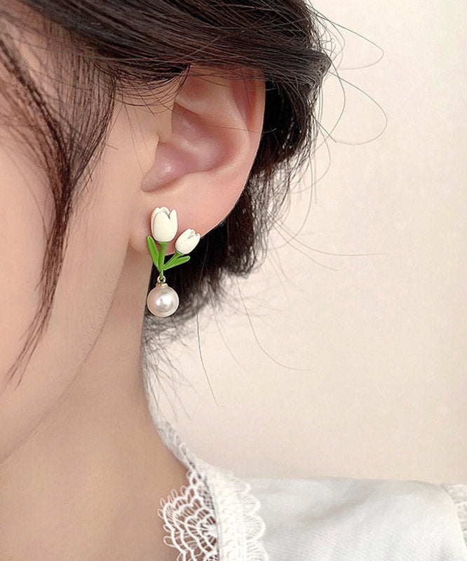 Boucles d'oreilles tulipes en alliage d'argent sterling et perles pour femmes - Amawinc