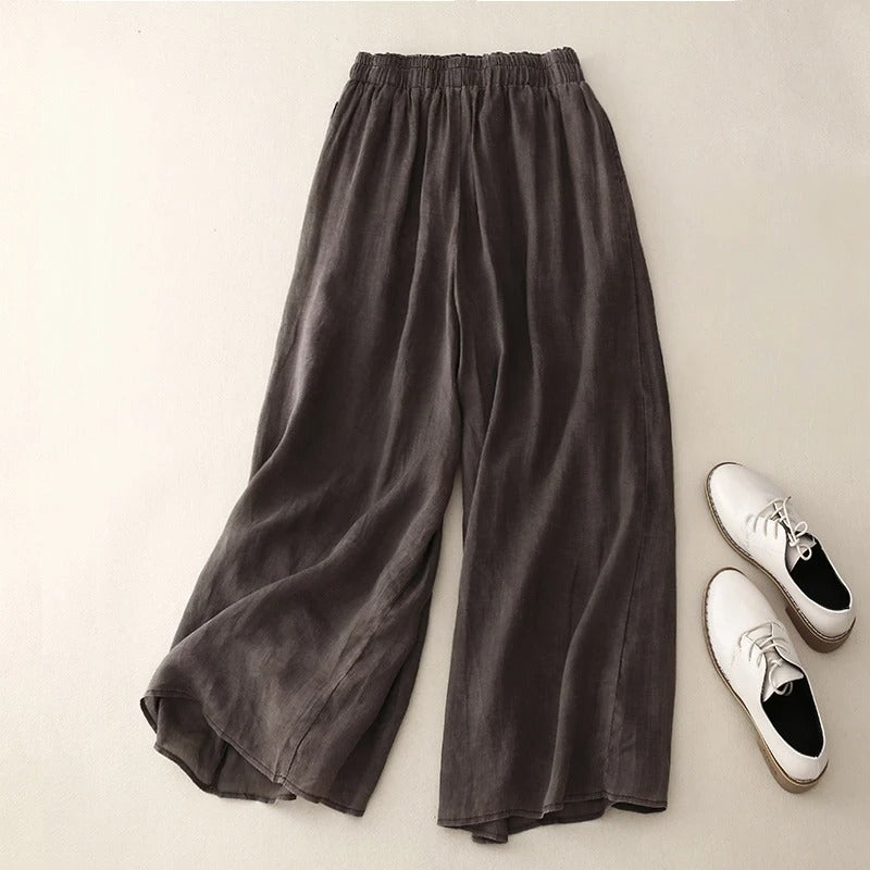 Pantalon Nicole En Lin Naturel À Coupe Large Avec Taille Elastique Et Drape Fluide