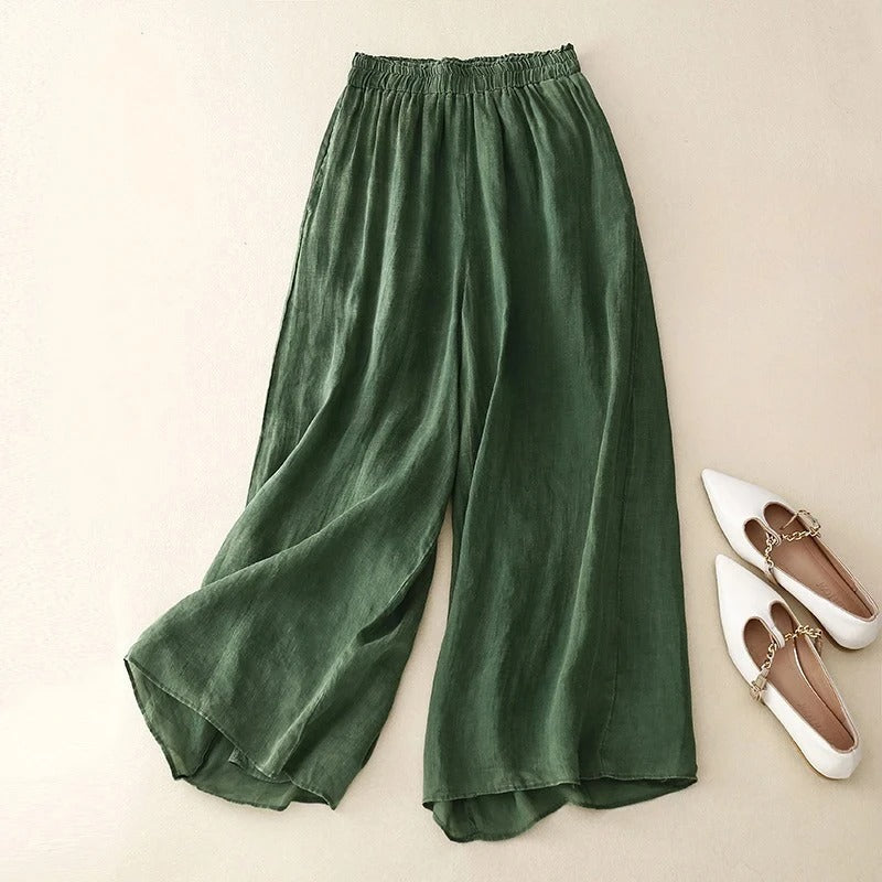 Pantalon Nicole En Lin Naturel À Coupe Large Avec Taille Elastique Et Drape Fluide