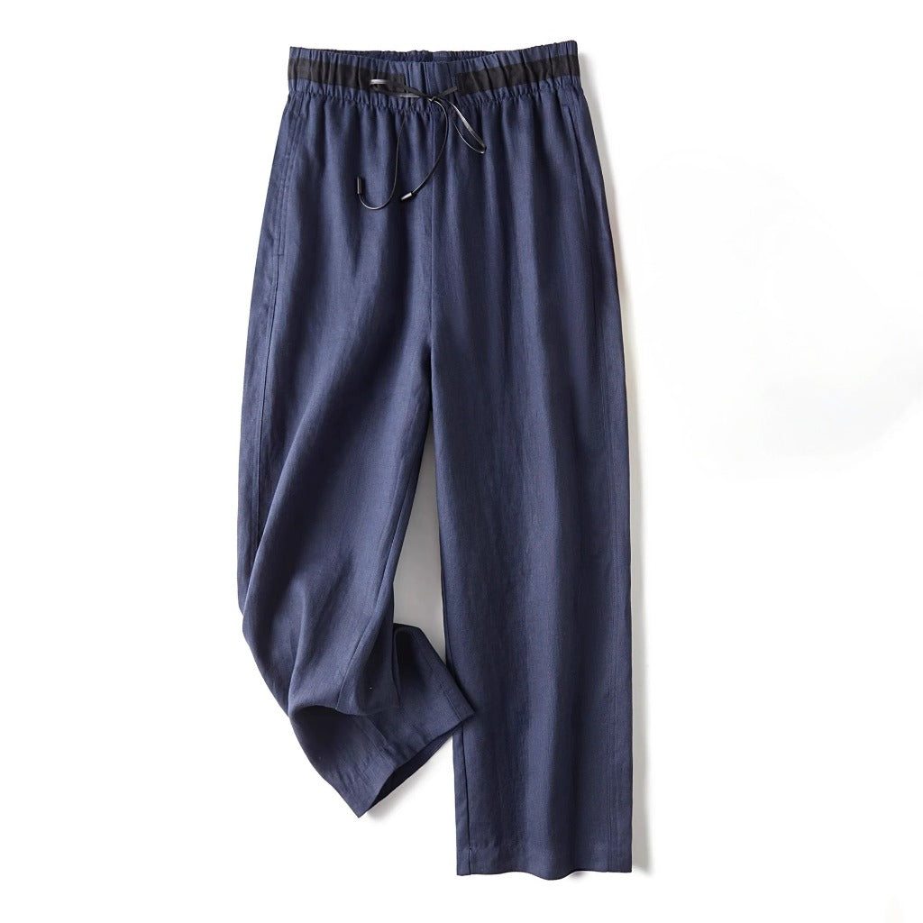 Noa Pantalon En Lin Femme Coupe Droite Décontractée Avec Ceinture À Cordon Contrastant Mélange Lin Léger