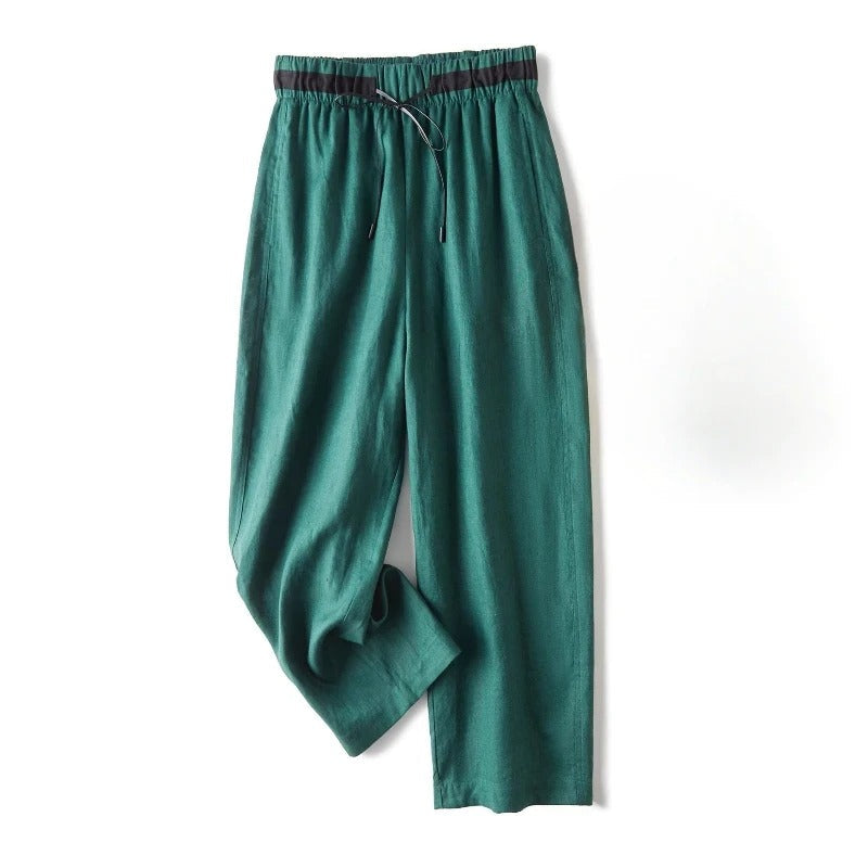 Noa Pantalon En Lin Femme Coupe Droite Décontractée Avec Ceinture À Cordon Contrastant Mélange Lin Léger