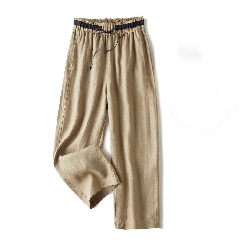 Noa Pantalon En Lin Femme Coupe Droite Décontractée Avec Ceinture À Cordon Contrastant Mélange Lin Léger