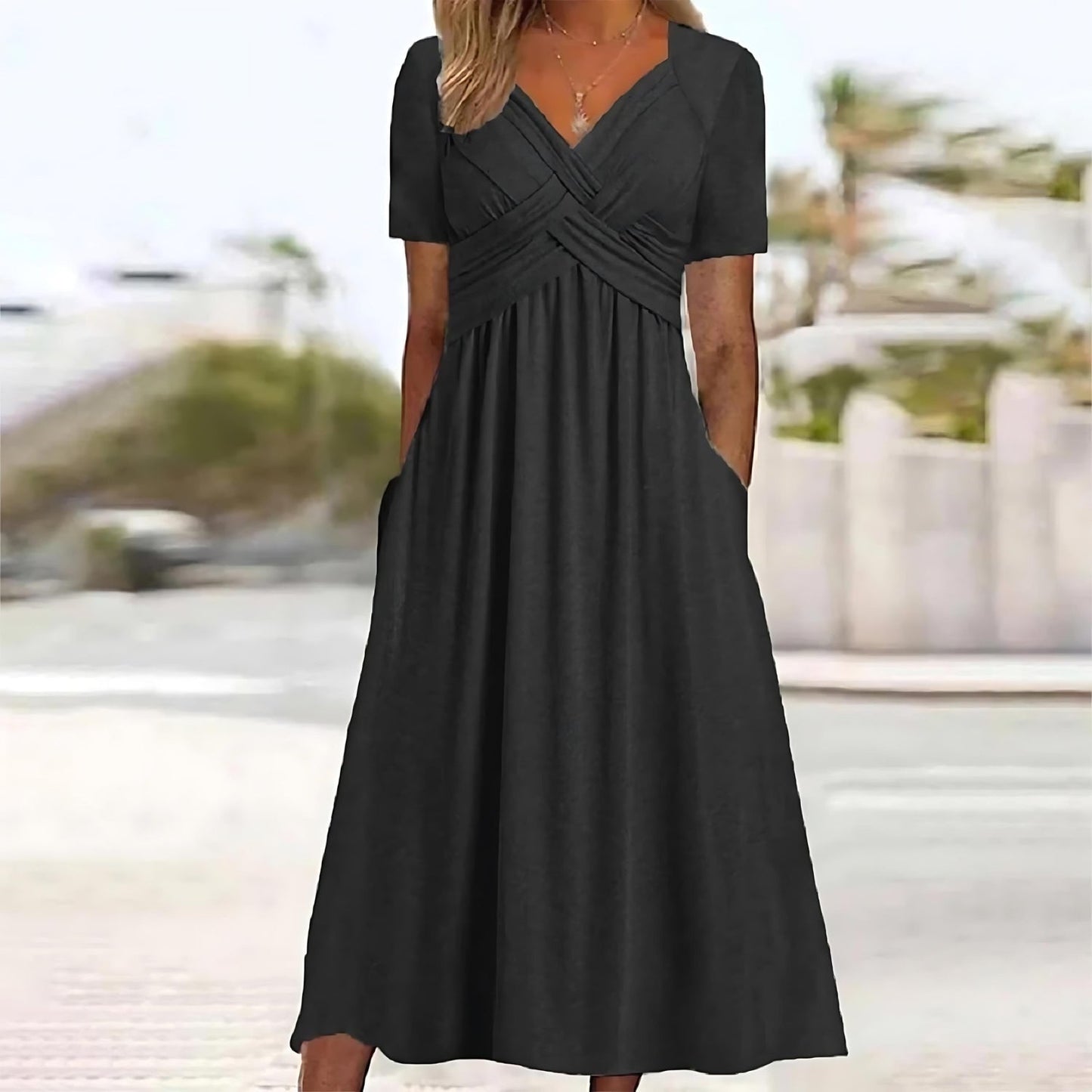 Elegantes kurzärmliges Damen-Midikleid mit V-Ausschnitt