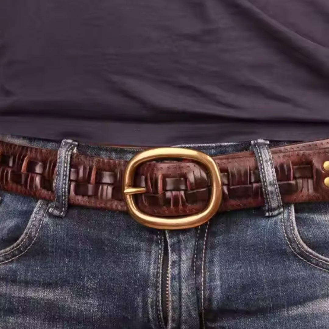 Ceinture En Cuir Véritable Tressé Cuivre Fait Main Avec Boucle En Laiton Style Vintage De Luxe