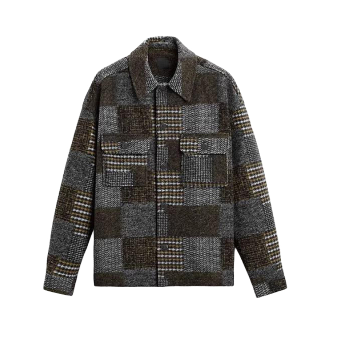 Veste Chemise Patchwork À Carreaux En Mélange Coton Polyester Col Revers Avec Poches Boutonnées Pour Superposer