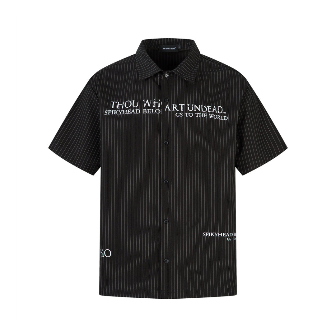 Polo Sombre Imprimé Tête De Mort Et Rayures Fines Tri Blend Col À Revers Boutons Confortable