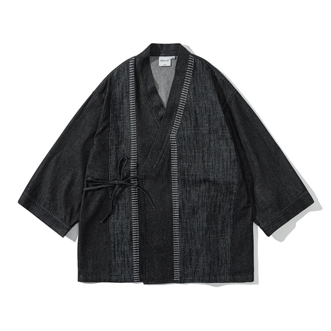Chemise Kimono En Coton Denim Avec Broderie Japonaise Encolure En V Et Bouton Unique Silhouette Fluide Décontractée