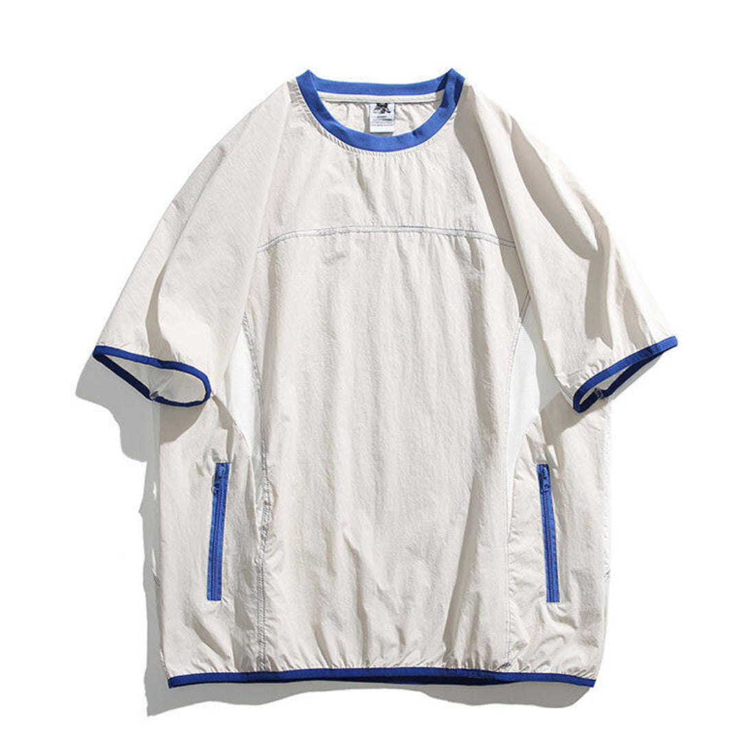 Vêtement T Shirt Technique Été en Polyester à Motif Carreaux Col Rabattable Poche Zippée Séchage Rapide Coupe Regular