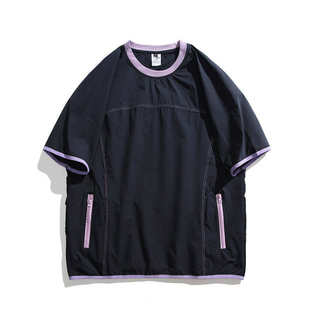 Vêtement T Shirt Technique Été en Polyester à Motif Carreaux Col Rabattable Poche Zippée Séchage Rapide Coupe Regular
