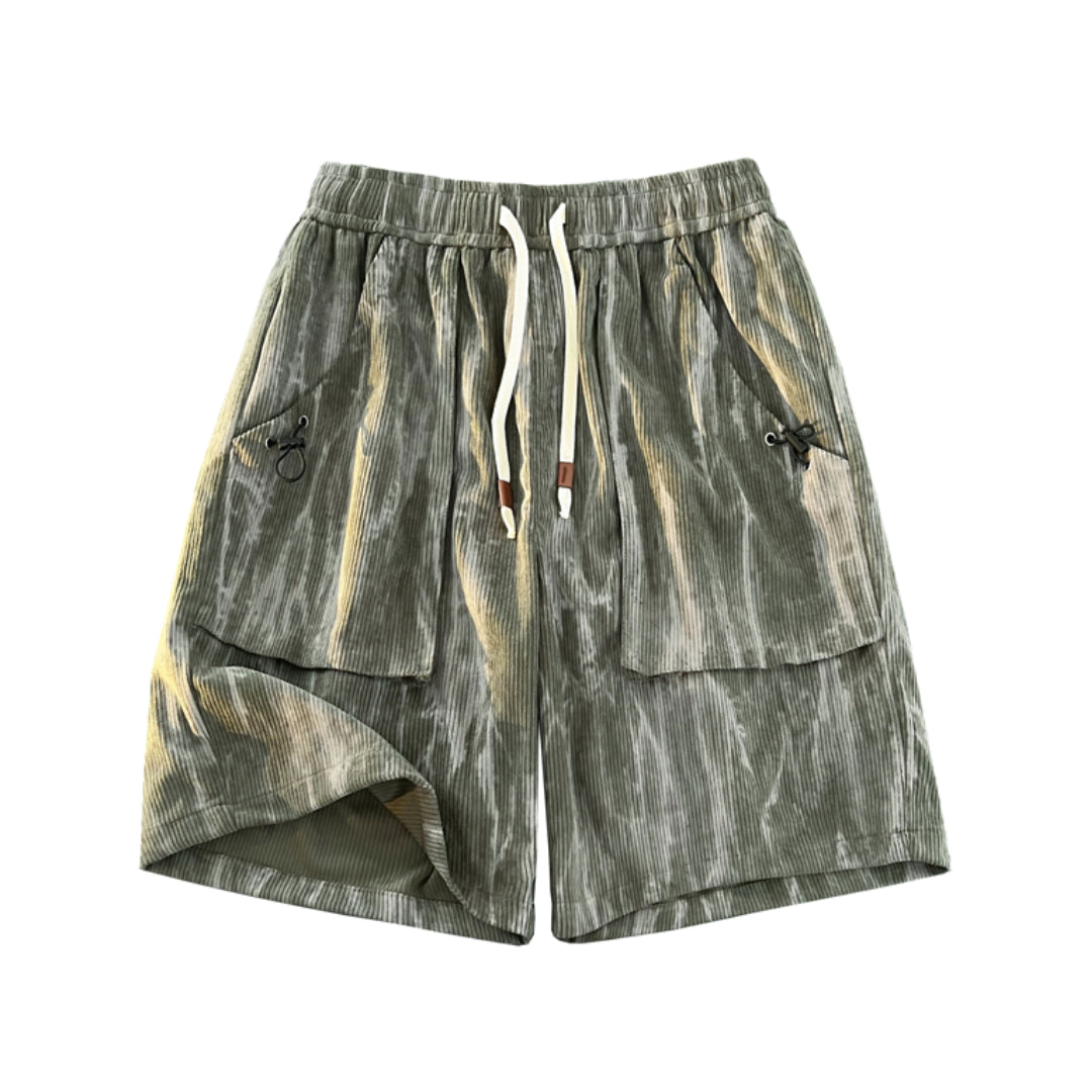 Shorts Velours Côtelé Marbré Tie-Dye À Taille Mi-Haute Avec Ceinture Élastique Et Poches Généreuses