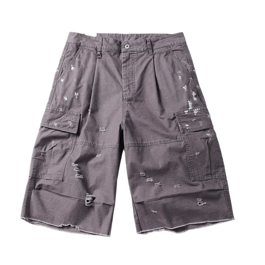 Shorts Cargo Oversize Brut Déchirés Avec Ourlet Frangé Et Multipoches En Coton De Qualité