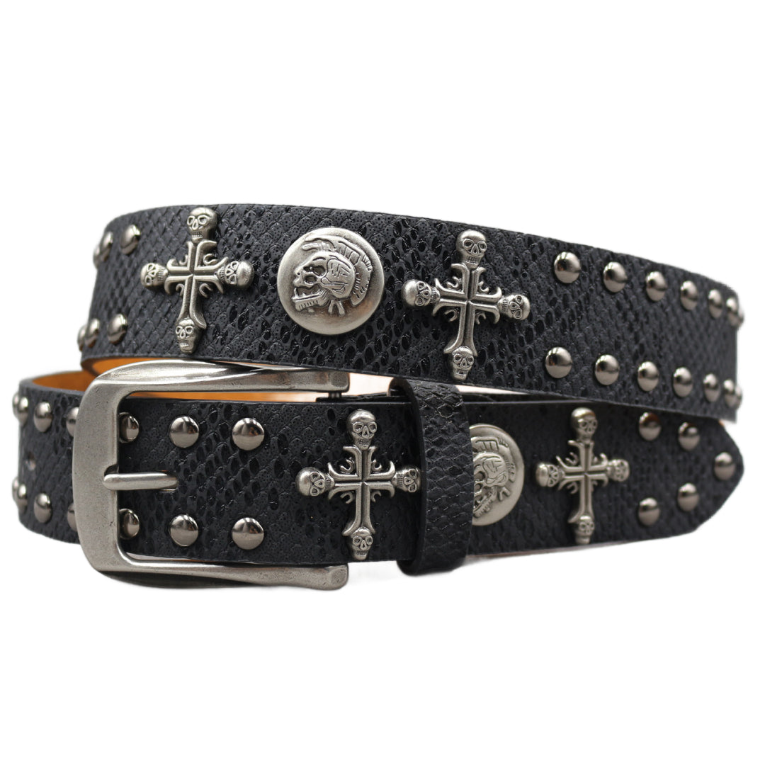 Ceinture Night Saint En Cuir Végétal Avec Clous Squelette Et Croix Pour Denim Ou Pantalon Tailleur