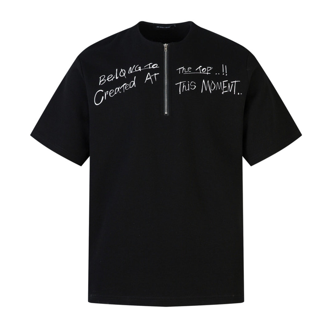 T Shirt Zippé À Demi Fermeture Éclair En Mélange De Coton Col Rond Et Impression Lettres Précises