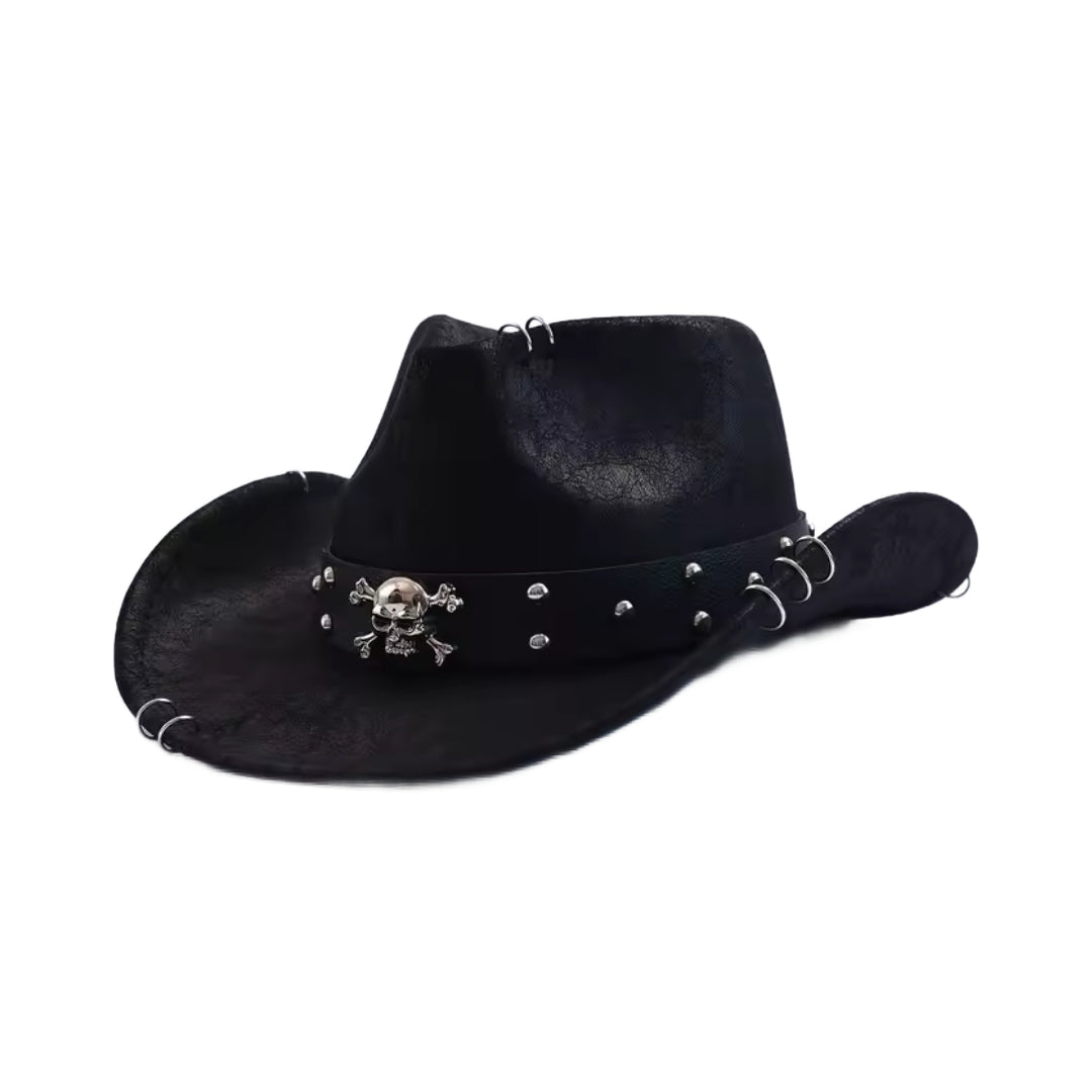 Chapeau Western Tête De Mort En Métal Avec Rivets Et Perforations Du Bord Pour Homme
