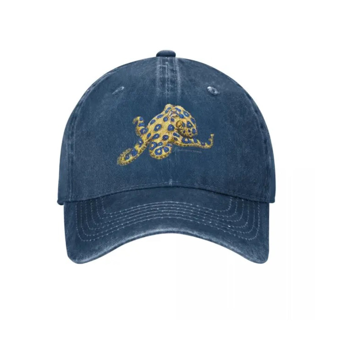 Casquette Pieuvre à Anneaux Bleus en Denim Vintage Brodée Réglable Style Marin Durable
