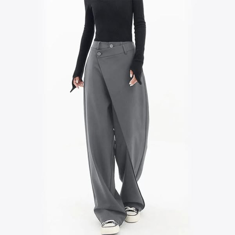 Nova Pantalon à Jambe Large Drapé Croisé Avant Avec Boutons Fantaisie à la Taille