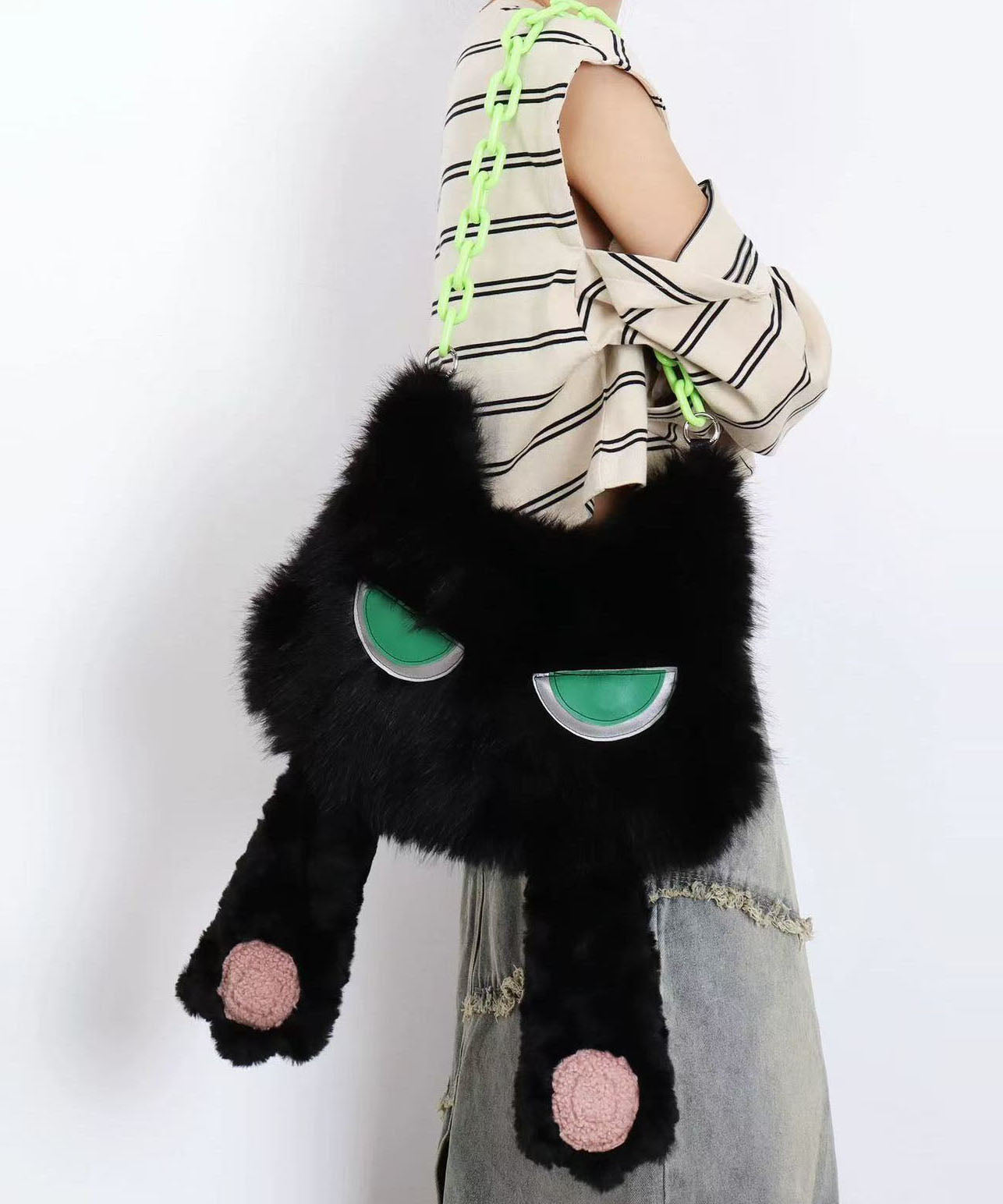 Sacs à main fantaisie en fourrure duveteuse en forme de chat noir pour filles - Amawinc