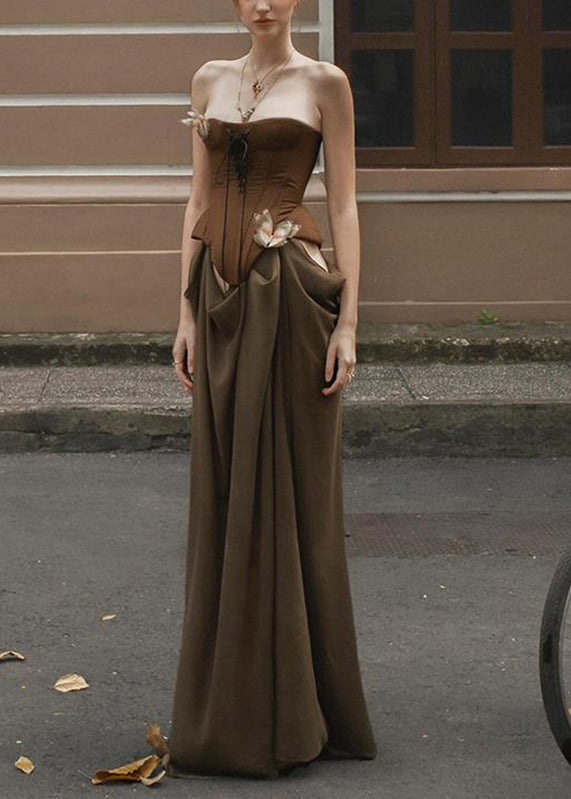 Robe longue de vacances marron fantaisie à épaules dénudées et patchwork pour l'été - Amawinc