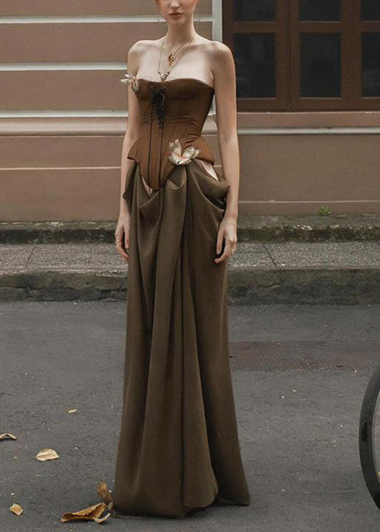 Robe longue de vacances marron fantaisie à épaules dénudées et patchwork pour l'été - Amawinc