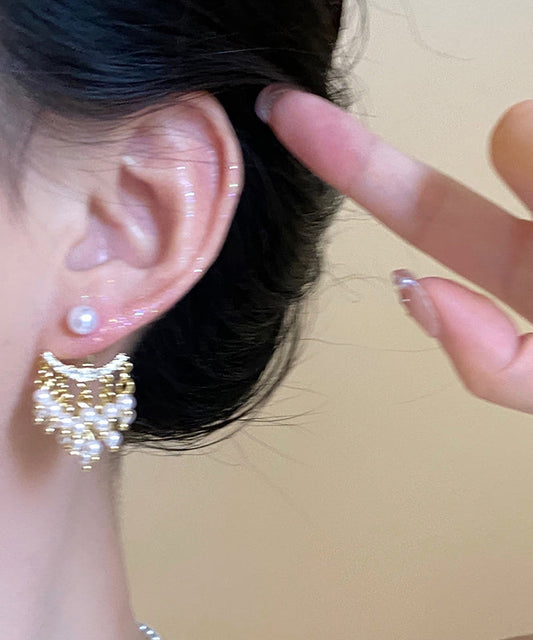 Boucles d'oreilles pendantes fantaisie en or, cuivre, zircon et perles - Amawinc